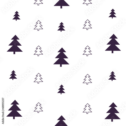 Geometric seamless winter pattern with silhouettes of pine and fir trees. Isolated on white background