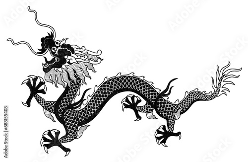 Classic Chinese dragon illustration in black ink isolated on transparent background. Lunar New Year 2024. Year of the Dragon