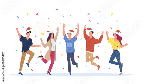 Girls and guys dancing at party dressed in Santa Claus hats. Christmas and new year celebration. Happy men and women together, confetti flying. Cartoon flat isolated vector concept