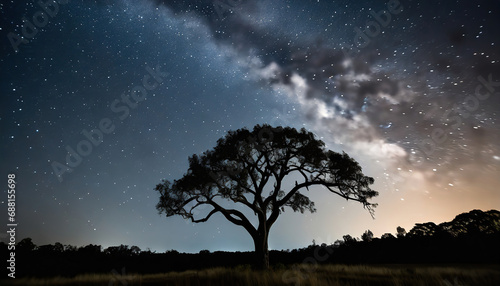 Tree silhouetted against a starry night sky