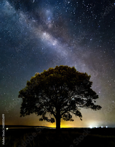 Tree silhouetted against a starry night sky