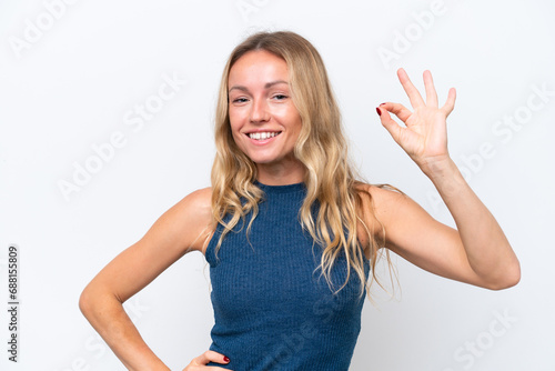Wallpaper Mural Young Russian woman isolated on white background showing ok sign with fingers Torontodigital.ca