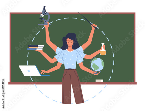 Multitasking schoolteacher standing at blackboard. Woman with many hands hold laptop, globe and books, microscope and pointer. Geography and chemistry lesson. Cartoon flat vector concept