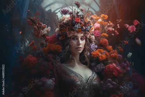 Woman with majestic flowers crown. Stunning lady covered with floral enchanting composition. Generate ai