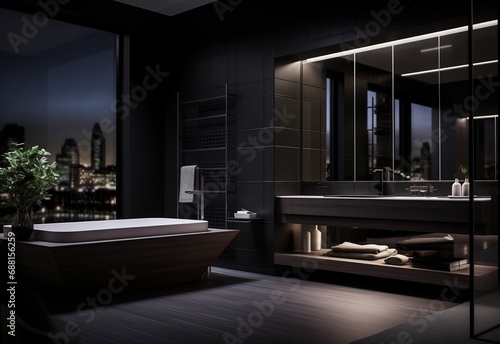 Luxury modern bathroom with black bathtub and mirrow and tiles in black color. Minimalist modern luxury bathroom interior design.