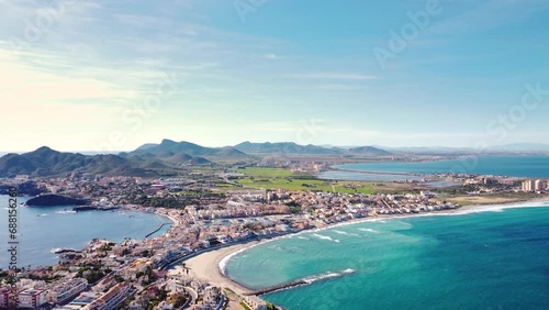 Aerial drone perspective of famous region La Manga, Murcia Province. Spain. 