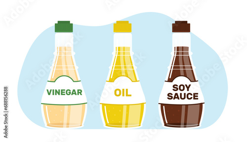 Vinegar, oil and soy bottle set. Sauce, condiment and dressing for culinary. Plastic and glass packaging. Ingredients for cooking, salad dressing. Cartoon flat isolated vector concept