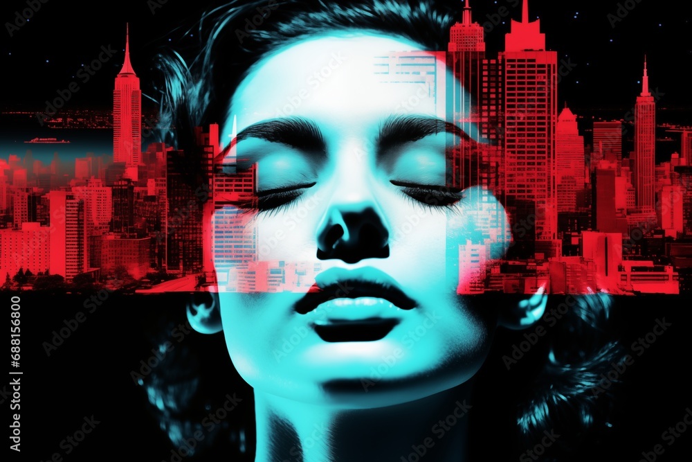 Contemporary digital art piece with a female silhouette interlaced with a vibrant cityscape. Modern conceptual design. Cyberpunk aesthetic. Suitable for poster, print, or banner. Neon red and blue Contemporary digital art piece with a female silhouette interlaced with a vibrant cityscape. Modern conceptual design. Cyberpunk aesthetic. Suitable for poster, print, or banner. Neon red and blue