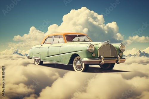 Vintage car soaring above the clouds. Freedom and adventure. Dreamy retro travel concept. Suitable for nostalgic poster  banner  or design