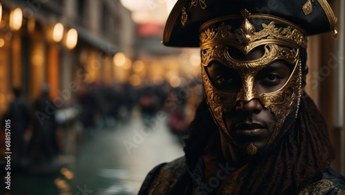 Handsome man in venetian carnival costume with golden mask © Анастасия Макевич