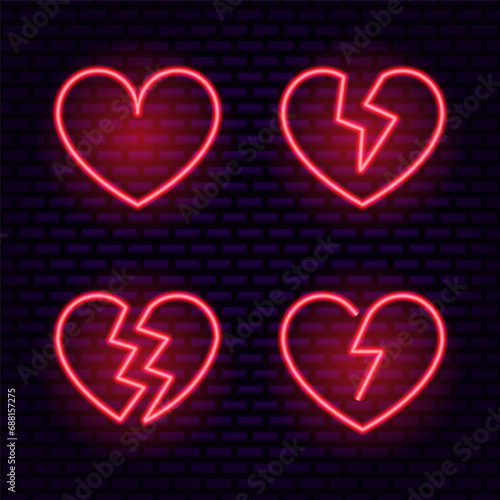 Set of red neon broken hearts.