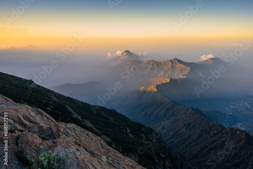 Dramatic and picturesque mountain landscape. Sunrise from Jabal Mareer. The Sarawat Mountains, Saudi Arabia.