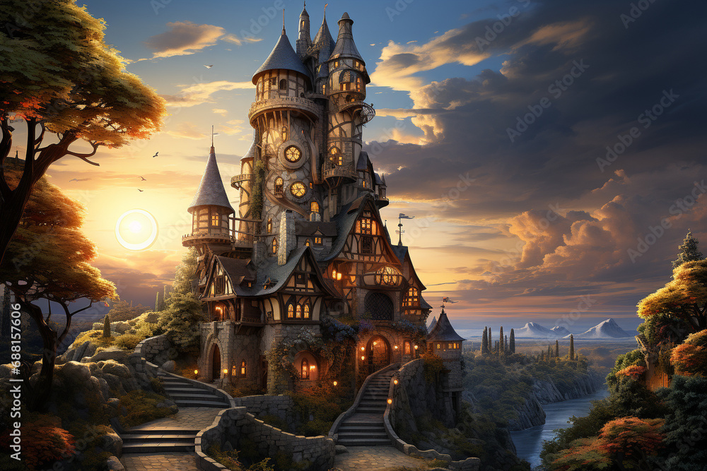 Naklejka premium Transport yourself to a magical realm with an enchanting illustration of a fantastic castle. Ai generated