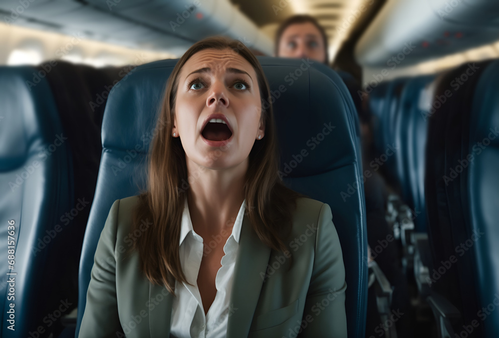 Scared young woman in a plane. Panic on board Scared young woman in a plane. Panic on board
