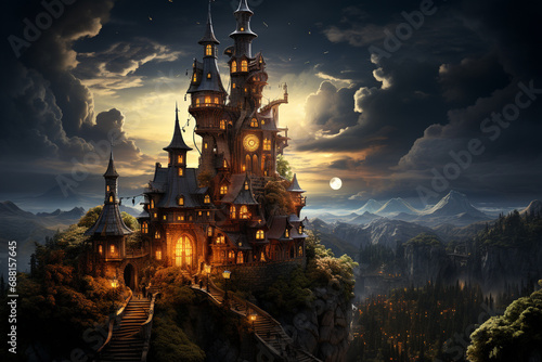  Transport yourself to a magical realm with an enchanting illustration of a fantastic castle. Ai generated photo