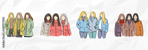 Lineart Vektorgrafik-Bundle von weiblichen Freunden in Winterjacken