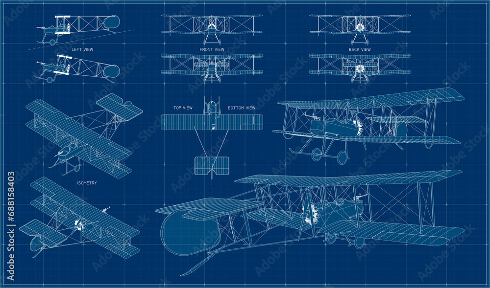 Double bomber of the First World War. British biplane of the beginning of the last century. Blueprint of a F.B.5 aircraft. Drawing with projections, isometry and perspective.