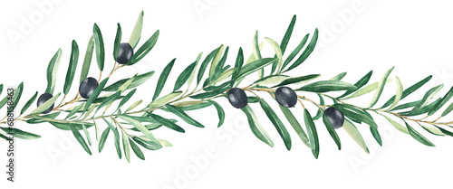 Leinwand Poster Horizontal olive branch watercolor seamless border pattern
