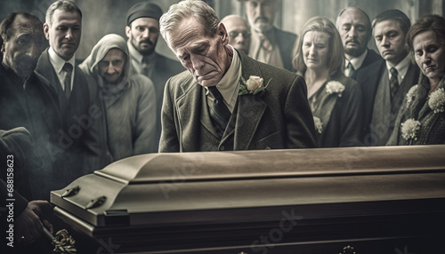 Grandpa mourns beside coffin, tears and sorrow in farewell generative ai
