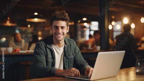 portrait of young smiling man using laptop while drinking coffee in the cafe.