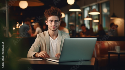 portrait of young smiling man using laptop while drinking coffee in the cafe.