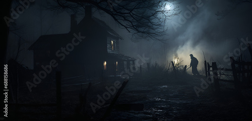 Spooky night in dark outdoors, tree horror in nature abandoned rural scene