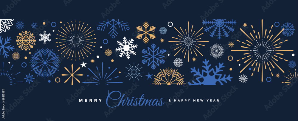Merry Christmas and Happy New Year festive design with border made of beautiful snoflakes in modern line art style. Winter dark blue background with falling snow. Xmas decoration. Vector illustration. - obrazy, fototapety, plakaty 