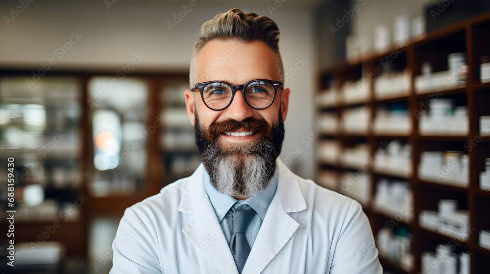 Pharmacist in a bright light white pharmacy	