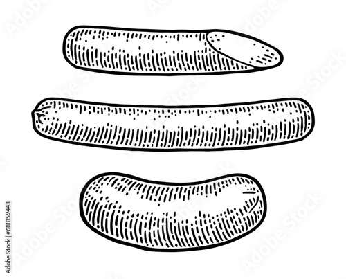 Whole and half sausage. Vintage vector engraving illustration for web, poster. Hand drawn design element isolated on white background.