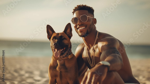 copy space, stockphoto, attractive young black man playing with his dog on the beach Quality time with dog and his owner. Black man playing outdoors. Love and frienship between man and dog, animal. photo