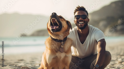 copy space, stockphoto, attractive young black man playing with his dog on the beach Quality time with dog and his owner. Black man playing outdoors. Love and frienship between man and dog, animal. #688159668