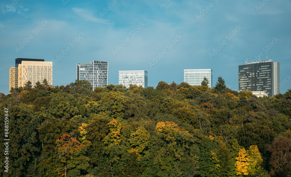 Modern high-rises buildings stick out of dense forest on hill slope