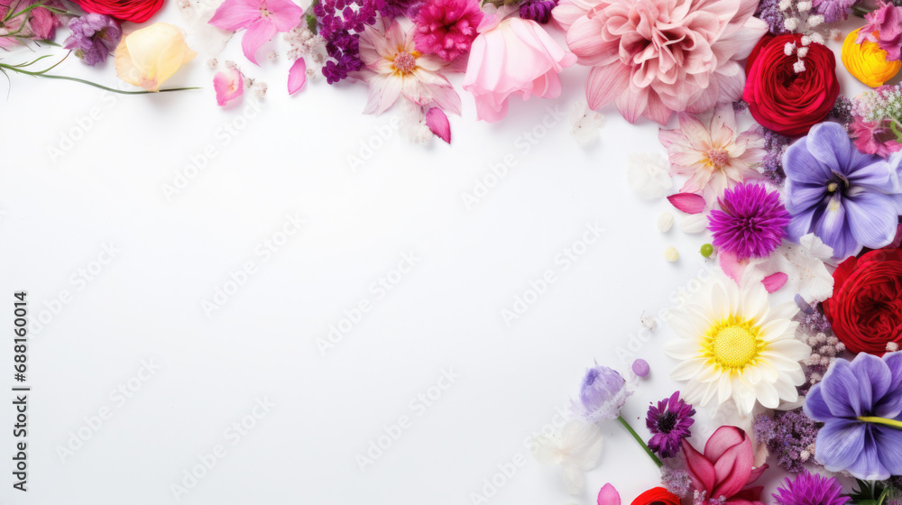 Mockup. Brightly colored flowers on white background. Top view. Copy space. Pink, purple, pastel colours. Mockup. Brightly colored flowers on white background. Top view. Copy space. Pink, purple, pastel colours.