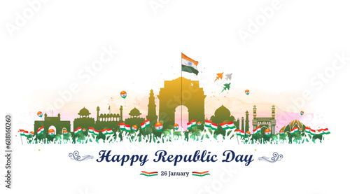 Background of Indian Republic day parade at india gate. People holding tricolor flag and indian skyline monuments.