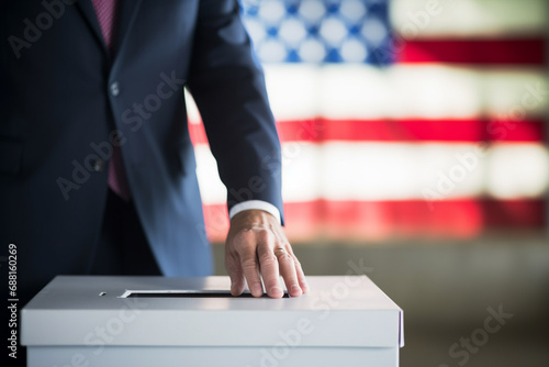 Close-up of male hand putting voting card into the ballot box, Presidential election in United States of America. Ballot box on USA flag background.