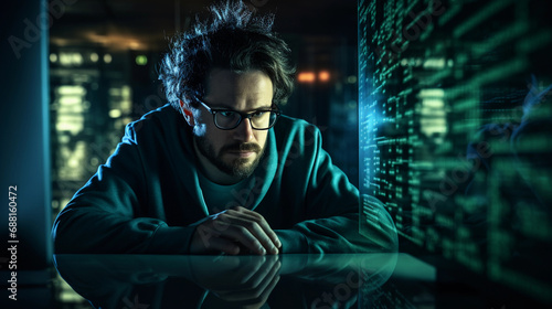 Software Developer Immersed in Coding Surrounded by Lines of Code on Computer Screen