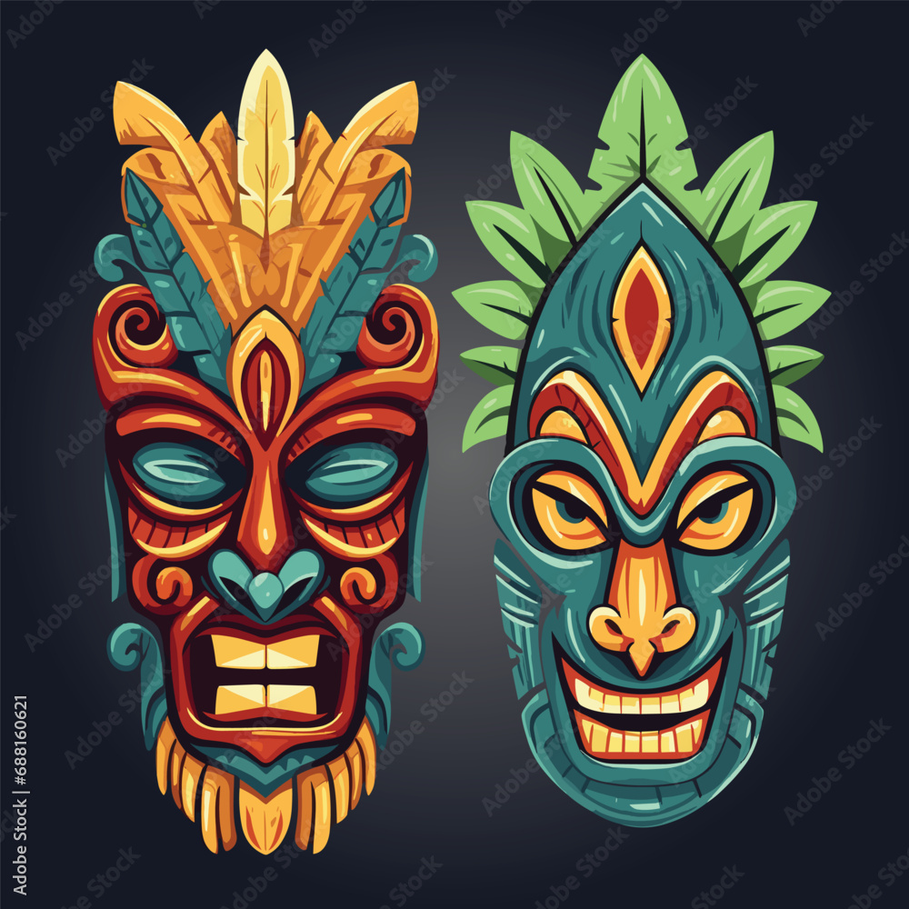 Tiki Tribal Mask, Hawaiian Design Elements, Vector Illustration