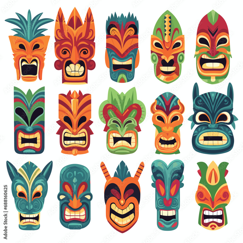 Tiki Tribal Mask, Hawaiian Design Elements, Vector Illustration