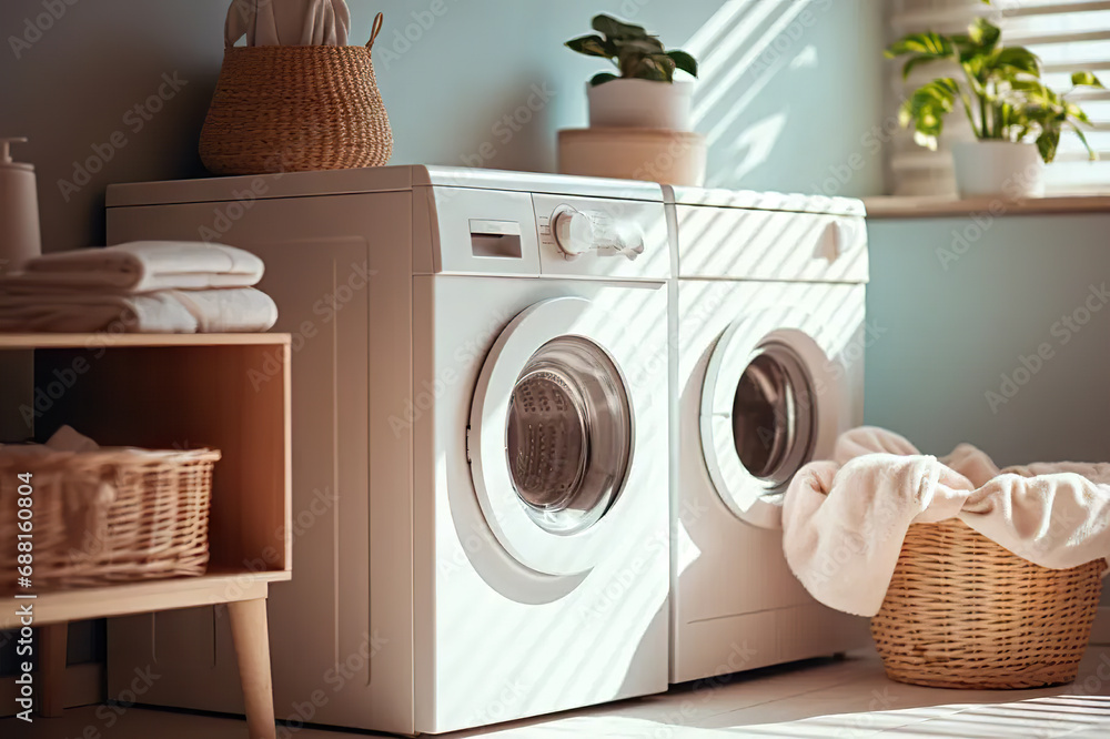 Efficiency in Every Load Bright and Functional Laundry Room Interior with Washing Machine, Clothes Dryer, and Organized Storage for Detergents and Laundry Essentials. created with Generative AI Efficiency in Every Load Bright and Functional Laundry Room Interior with Washing Machine, Clothes Dryer, and Organized Storage for Detergents and Laundry Essentials. created with Generative AI