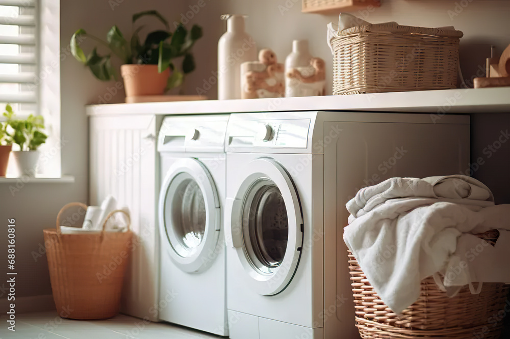 Efficiency in Every Load Bright and Functional Laundry Room Interior with Washing Machine, Clothes Dryer, and Organized Storage for Detergents and Laundry Essentials. created with Generative AI Efficiency in Every Load Bright and Functional Laundry Room Interior with Washing Machine, Clothes Dryer, and Organized Storage for Detergents and Laundry Essentials. created with Generative AI