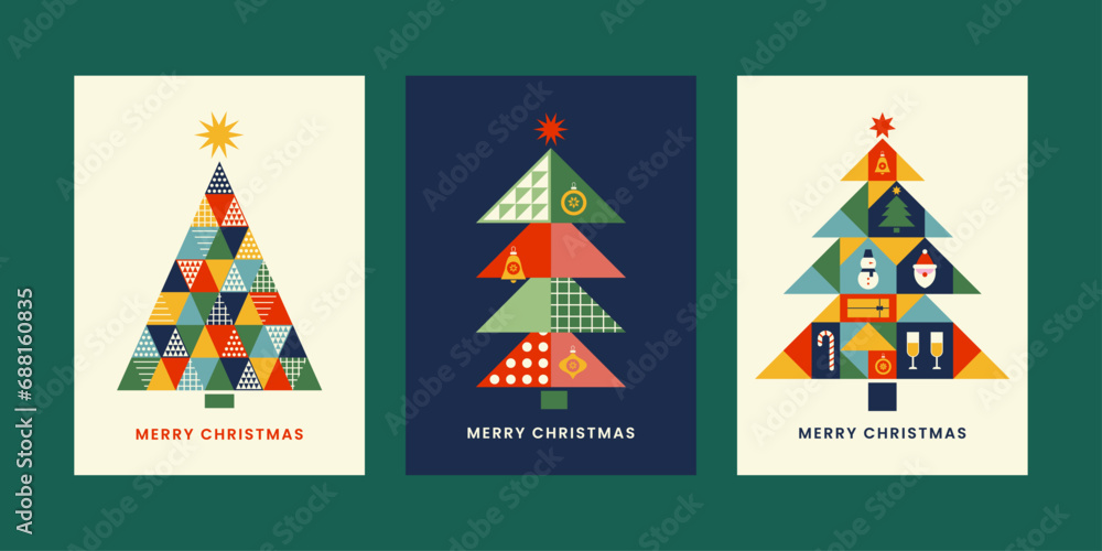 Christmas trees in geometric style. Merry Christmas modern greeting design. Collection of festive colorful cards, posters, flyers with geometric pattern and flat style elements