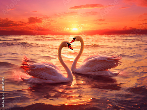 Two swans floating on the sea at sunset. Beautiful romantic background