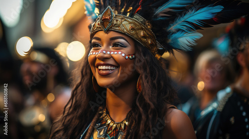 beautiful young Brazilian girl at a carnival in Brazil  fancy dress  outfit  masquerade  feathers  rhinestones  woman  makeup  portrait  smiling face  joy  happiness  dancing  sparkles  sequins