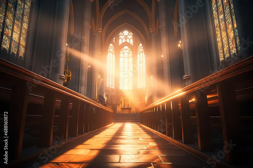 Divine Illumination Capturing the Beauty of a Radiant Beam of Light through Stained Glass Windows, Transforming the Church Interior into a Sacred Canvas. created with Generative AI
