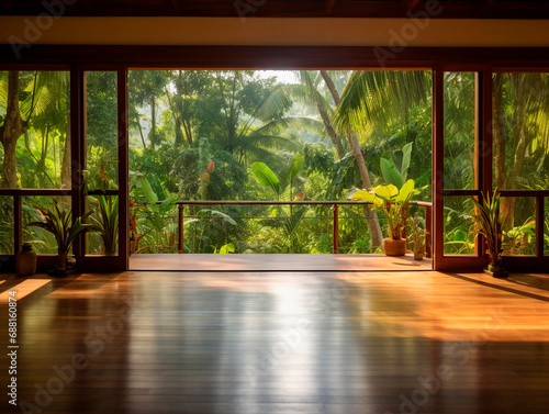 Wooden floor in a hotel room with palm trees in the background