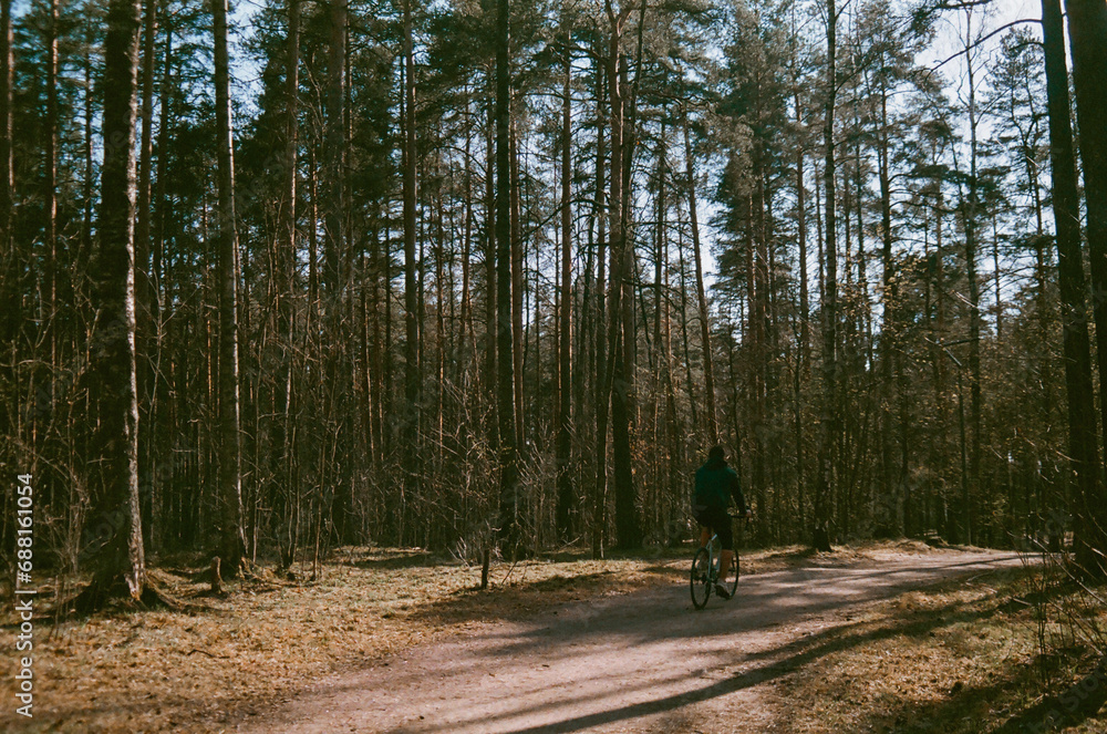 A cyclist rides against the background of a spring forest - a film photo with backlighting