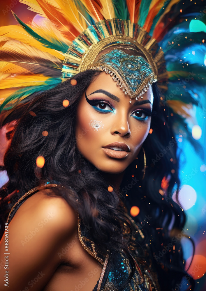 beautiful young Brazilian girl at a carnival in Brazil, fancy dress, outfit, masquerade, feathers, rhinestones, woman, makeup, portrait, smiling face, joy, happiness, dancing, sparkles, sequins