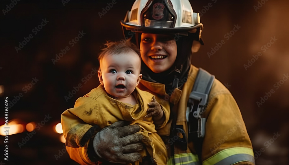 a fireman holding a baby running out of a burning house. standing in burning home generative ai a fireman holding a baby running out of a burning house. standing in burning home generative ai