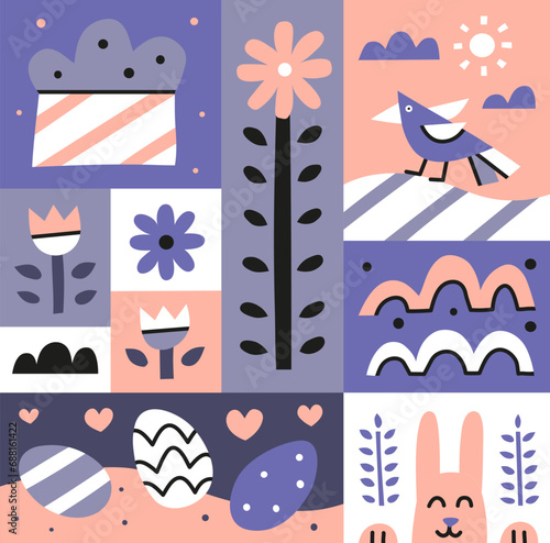 Geometric flat Easter poster with kulich cake, eggs, bird, bunny and flowers.