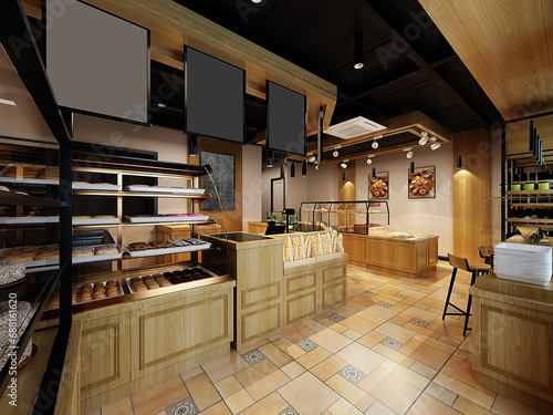 modern bakery cafe house interior, 3d rendering